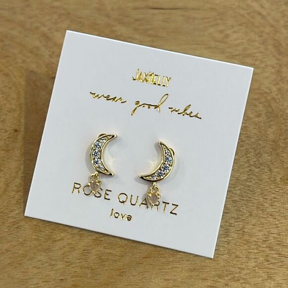 JaxKelly Moon Drop Earrings w/Rose Quartz - Picture 1 of 3